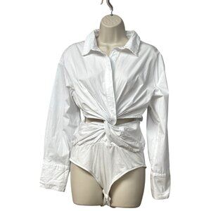 Topshop shirt twist front bodysuit in white, Sz, 8